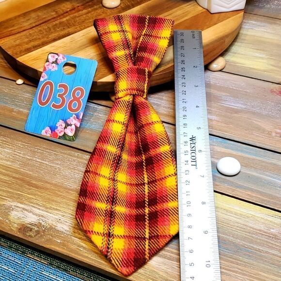 #38 Large 10.5" Long Dog Tie Gold/Maroon Plaid Flannel, Slips Over Collar - Picture 1 of 1